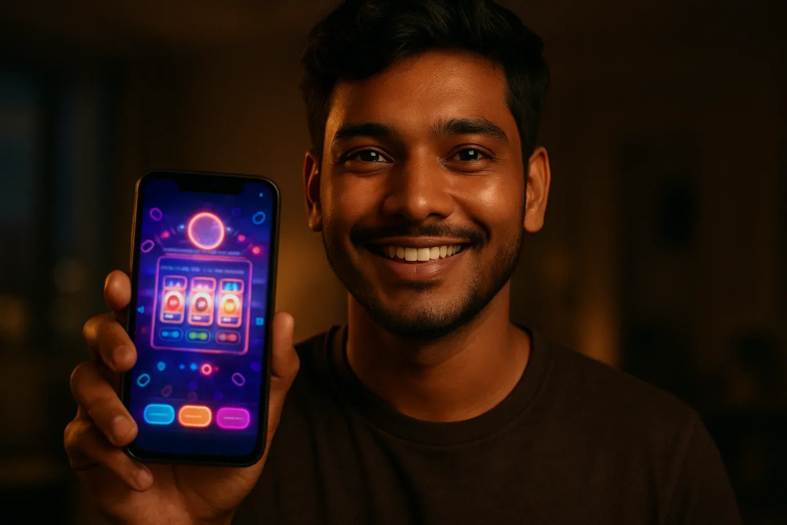 Young Bangladeshi man holding smartphone showing colorful casino app interface
