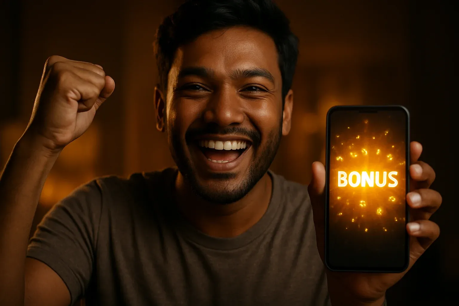 Joyful Bangladeshi man holding smartphone with glowing bonus notification screen