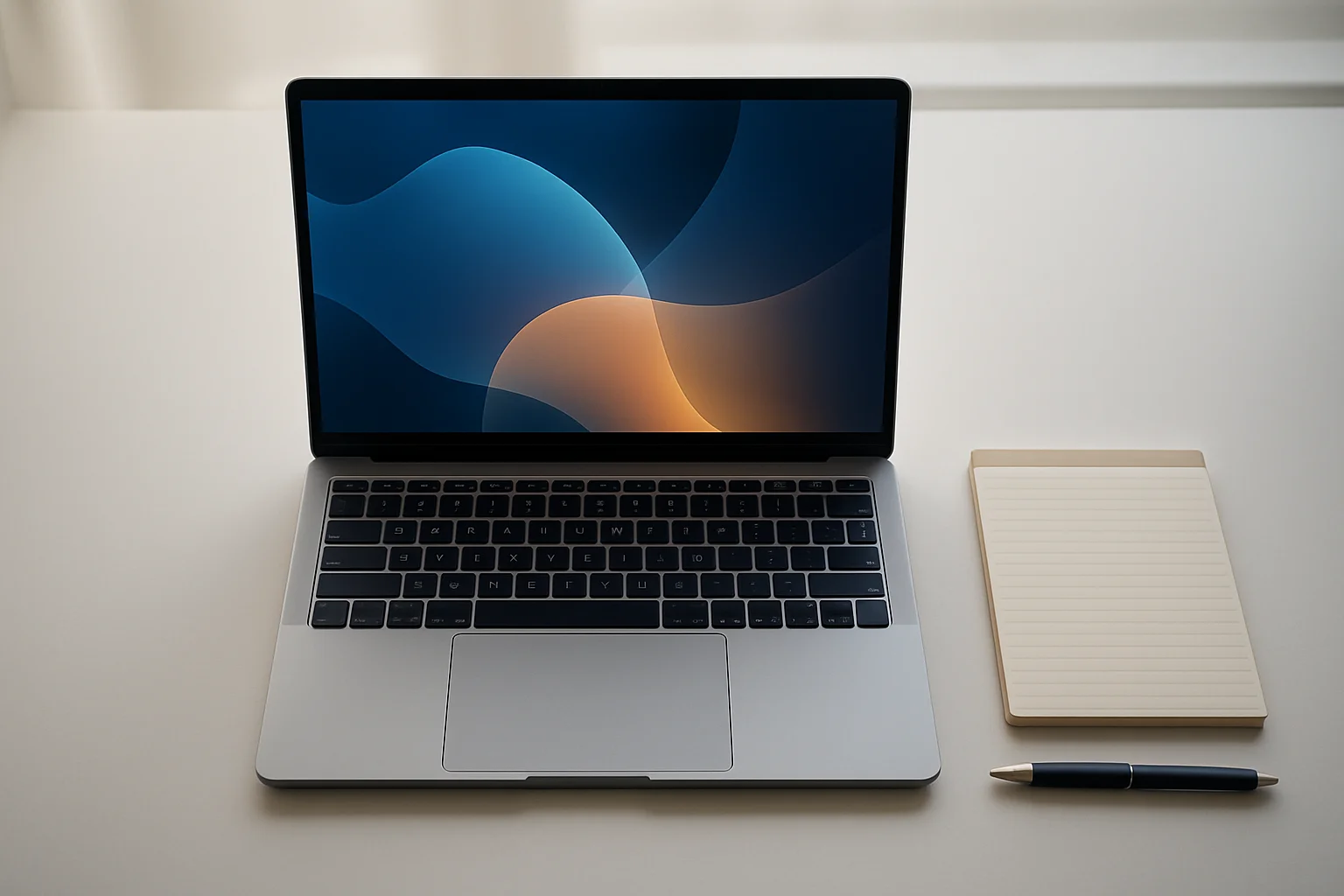 Modern laptop on clean white desk with pen and notepad