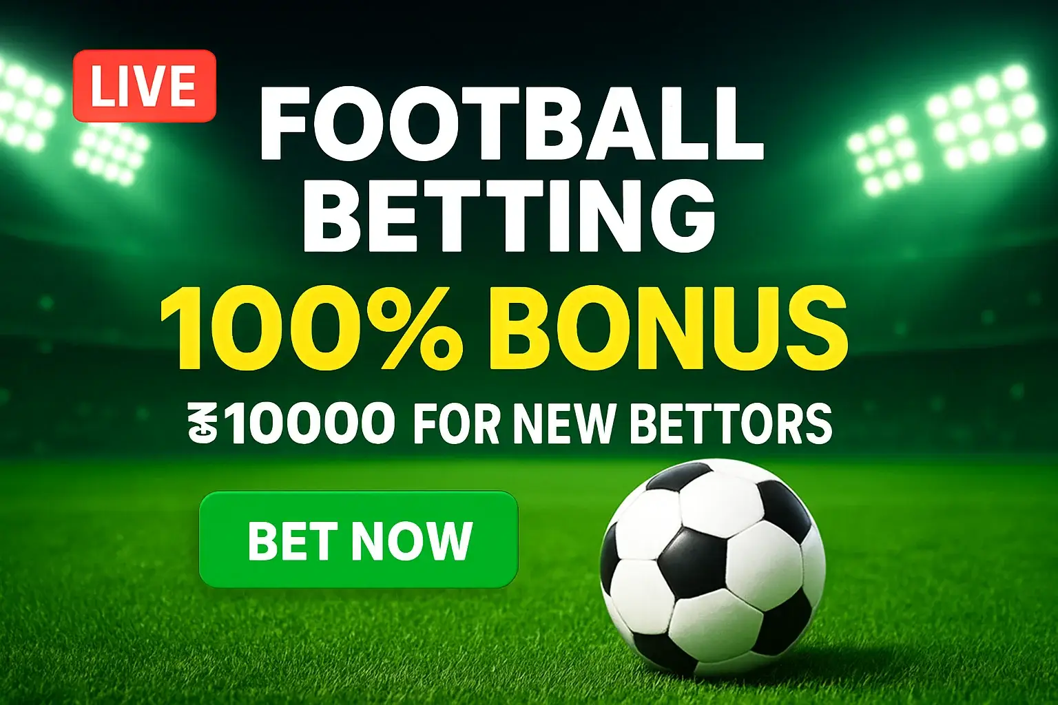 Green stadium football betting banner with soccer ball, bonus and bet now button