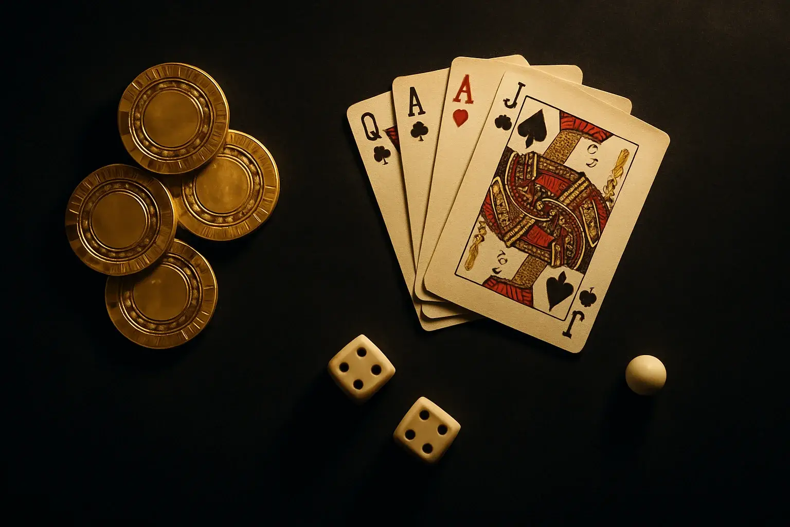 Top-down casino scene with chips, cards, dice, and roulette ball