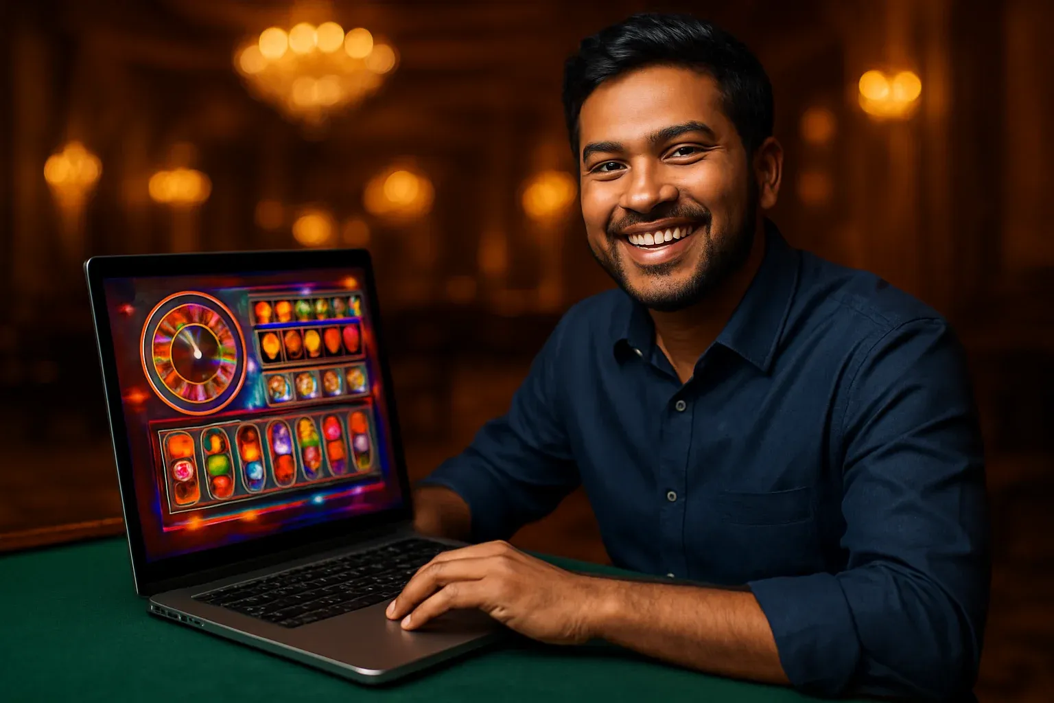 Cheerful Bangladeshi man with open laptop at premium casino lounge