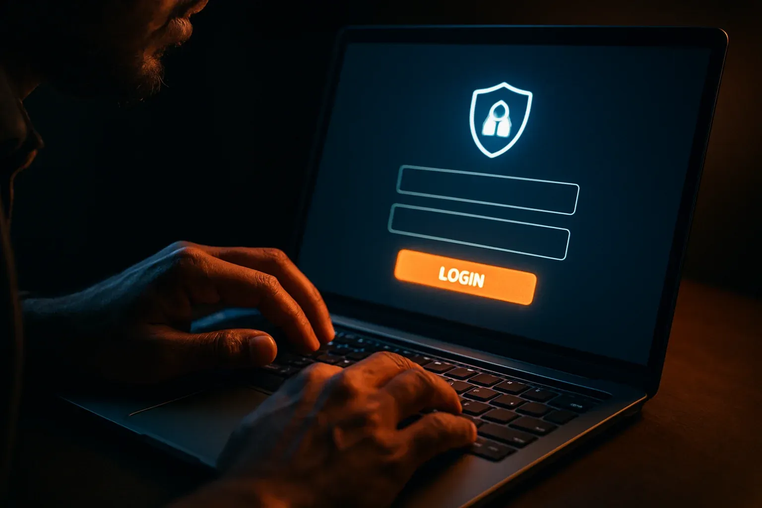 Bangladeshi man's hands on laptop showing stylized login form