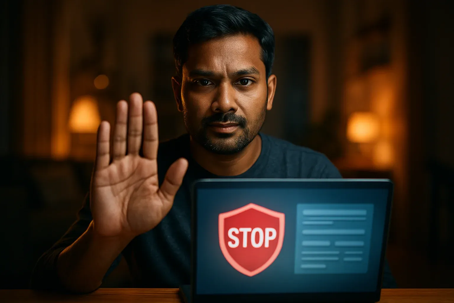 Bangladeshi man showing stop gesture beside laptop with responsible gambling screen