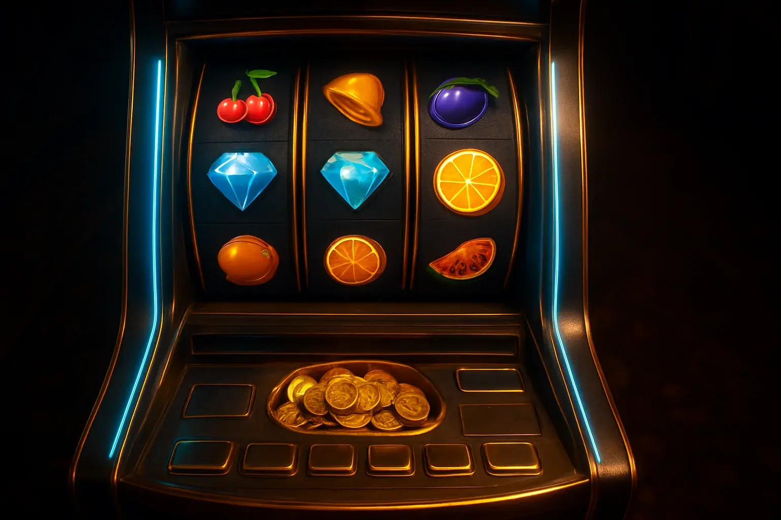 Hyperrealistic premium slot machine with glowing reels in dark luxury casino